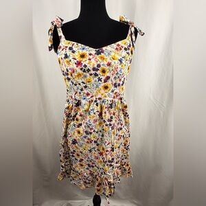 Womens Floral Sundress M Tie Strap Cottagecore Sunflower Ruffle Mini Dress